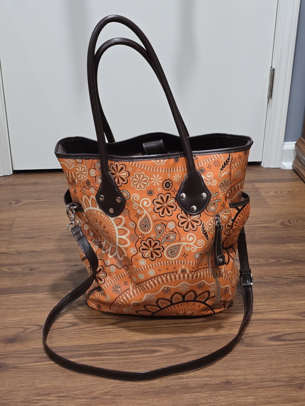 Isaac Mizrahi Orange Paisley Tote with Dark Brown Trim